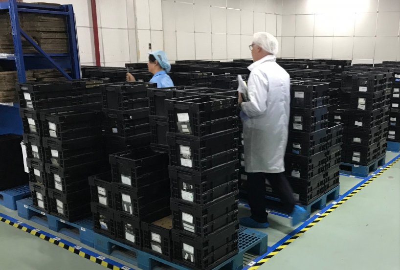 Opérateurs entre des bacs de pièces en zone de production