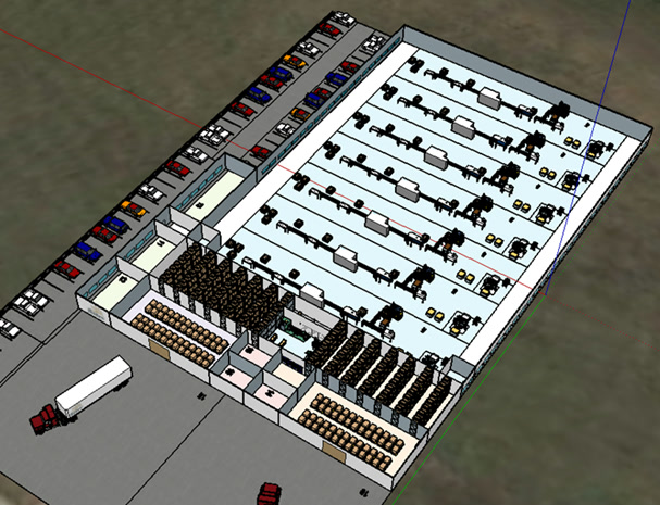 Modèle 3D d'une usine : lignes de production, stockage, bureaux et parking