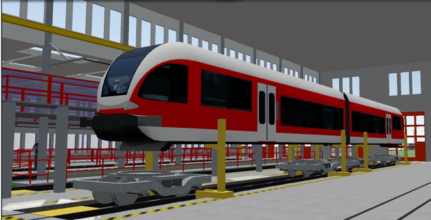Jumeau digital : train sur vérins de levage dans un atelier de maintenance